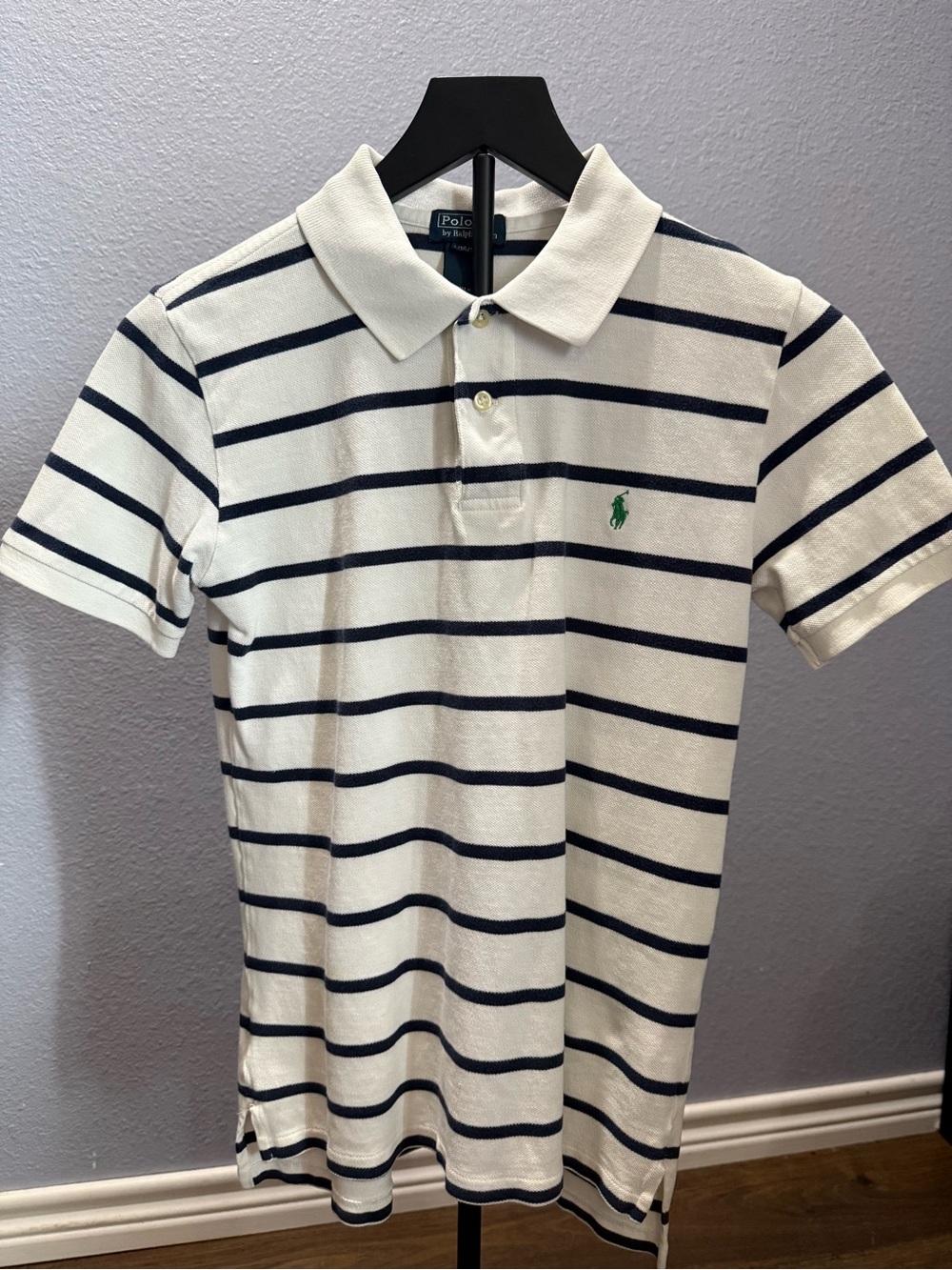 Polo by Ralph Lauren White Polo with Navy Stripes and Green Pony Logo